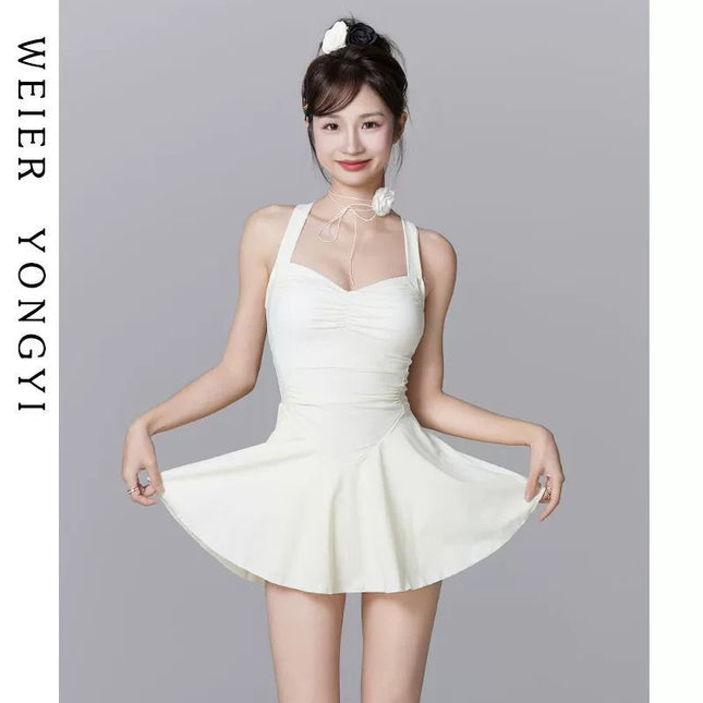 Fairy-Style Swimsuit for Women, High-End One-Piece Skirt Style, Conservative Belly-Covering, Waist-Slimming, Push-Up, Seaside Vacation, Hot Spring Bathing