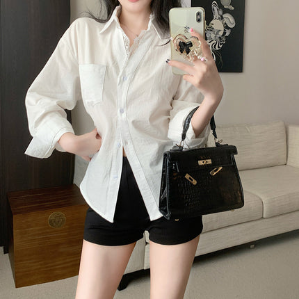 South Korea Dongdaemun's new product is a little surprised ~ waist lace stitching lapel fake two long sleeve shirts