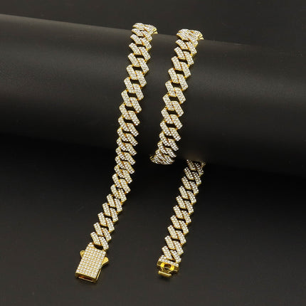 Full Diamond Encryption Cuban Chain Hip-Hop Necklace European and American Cross-border TEMU Trendy Spring Buckle Neck Chain Accessories