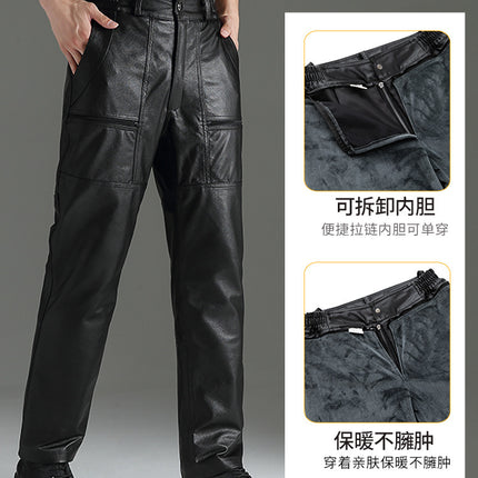 Haining Top-layer Cowhide Leather Pants Men's Fur One-piece fleece-lined Thickened Cotton Pants for Middle-aged and Elderly Men's Pure Leather and Genuine Leather Pants