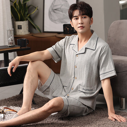 New Cotton Pajamas Men's Summer Short-sleeved Shorts Cardigan Lapel Home Clothes Summer Plus Size Loose Set