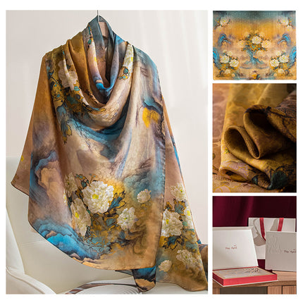 Silk Scarf, High-End Mulberry Silk Scarf, Thin Print, Fashionable and Versatile, Large Shawl for Mother