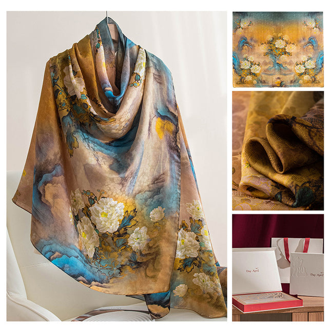 Silk Scarf, High-End Mulberry Silk Scarf, Thin Print, Fashionable and Versatile, Large Shawl for Mother