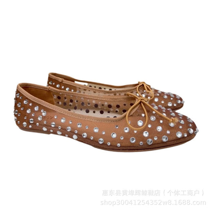 Za Manufacturer Breathable Mesh Sandals with Rhinestone Bow and Starry Sky Ballet-Style Flat Shoes European and American Ballet
