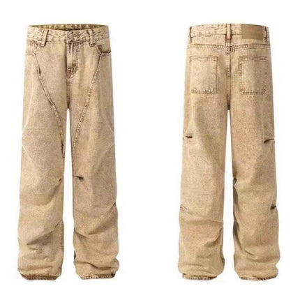 In-Stock Meng Zi Yi Style American Vintage Washed Women's Jeans 2025 Spring Hot Girl Ruched Design Floor-Length Pants