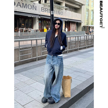 Shandong Jimo Mancaidi Brand American Street Short Double-Ended Zipper Cardigan Hooded Sweatshirt Women's Trendy Hoodie