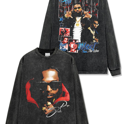 Cross-border American Hip-hop Smoke Pop Smoke Printed Short-sleeved T-shirt Washed Long-sleeved Loose Hooded Sweat for Men
