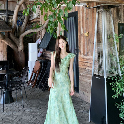 Green Ruffled Floral Dress Summer 2025 Seaside Vacation Wear Long Dress Summer Beautiful Little Skirt