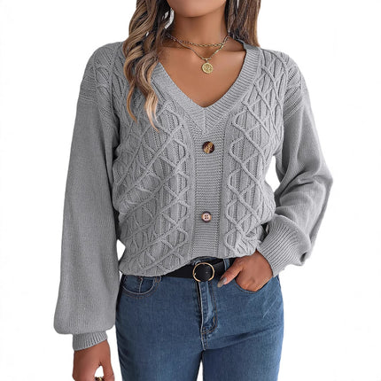 Clearance Sale: Instagram-Style Real-Shot Autumn and Winter Casual Buttoned Cable-Knit Lantern Sleeve Pullover Sweater, Independent Cross-Border Women's Fashion