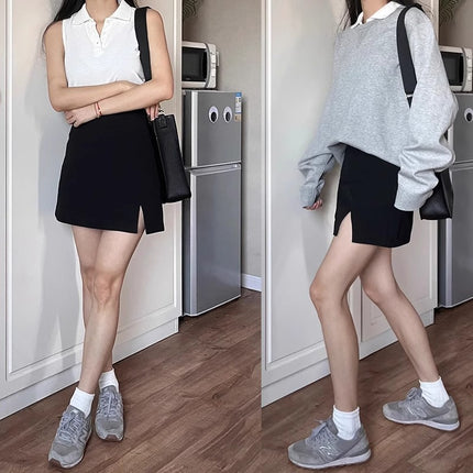 Slightly Chubby Women's High-Waisted Slimming Slit Skirt, Black Bodycon Skirt for Pear-Shaped Figure