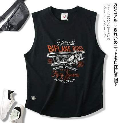 Summer Trendy Brand American Style Retro Style Printed Washed Cotton Crewneck Vest Men's Sports Leisure Sleeveless T-shirt Men's Clothing