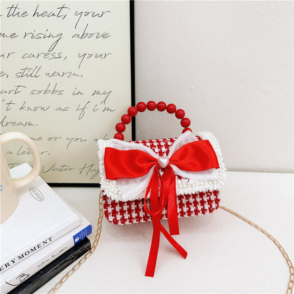 Children's New Year Red Envelope Korean Style Bow Pearl Small Square Bag Princess Shoulder Crossbody Mini Change Accessories Small Bag