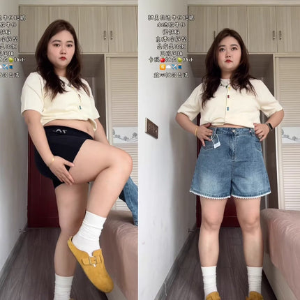 Plus Size Fat mm Lace Denim Shorts Women's Summer New High-Waist Slim Pear-Shaped Figure A-Line Straight Shorts
