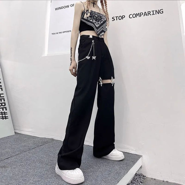 High-Waisted Women's Summer Pants, New Harajuku Style Straight-Leg Pants, Hollow-Out Wide-Leg Pants, Trendy Suit Pants That Make Legs Look Longer