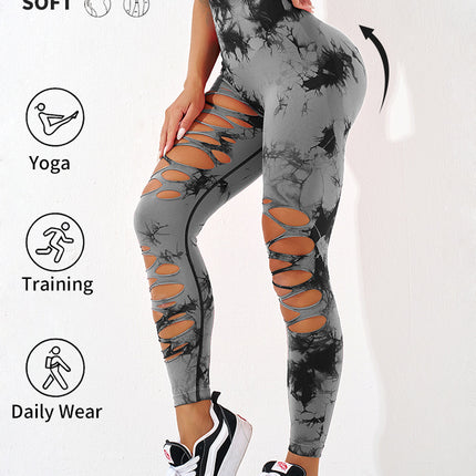 European and American Tie-Dye Hole Yoga Pants Sexy Hip Hollow Sports Tight Pants Women's High Waist Peach Hip Yoga Pants