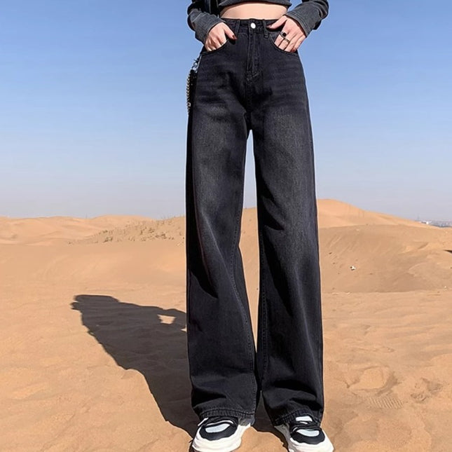 Black Grey Wide Leg Jeans Women's Fashion All-match New High Waist Loose Slimming Niche Design Sense Straight Pants
