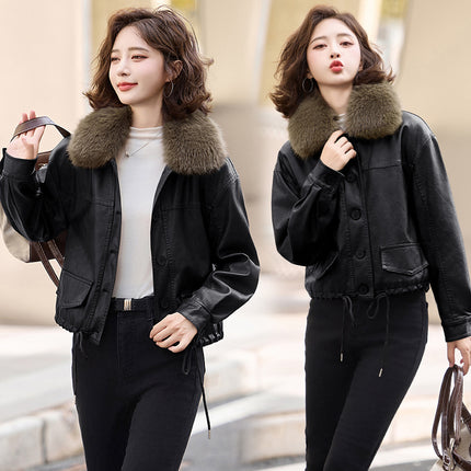 Fur Collar Leather Jacket Autumn and Winter fleece-lined Thickened 2024 Winter New Short PU Leather Motorcycle Jacket Top