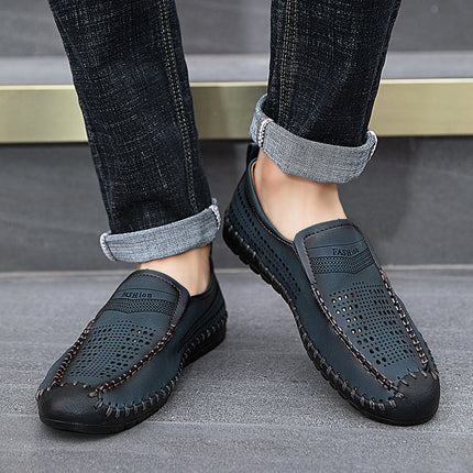 Cross-Border Hot-Selling Spring and Summer New Products Hand-Stitched Casual Men's Shoes Fashionable Hollow Versatile Breathable Genuine Leather Beanie Shoes