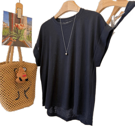 Muyang Recommends It! Minimalist, Relaxed Style Short-Sleeve T-Shirt for Women with Front Short and Back Long Design and Decorative Buttons on the Back