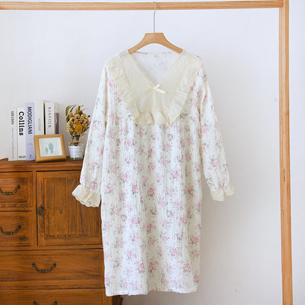 Lace V-neck Princess Style Pullover Long-sleeved Pure Cotton Pajamas Women's Spring and Summer Thin Crepe Cotton Floral Dress for Outer Wear