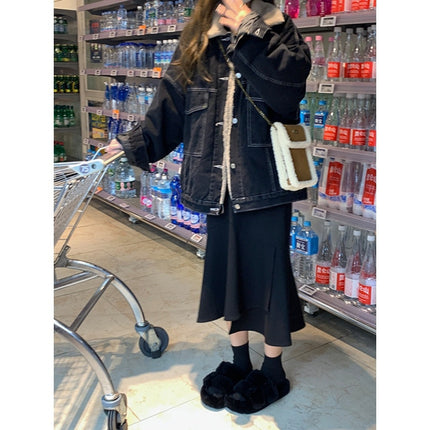 Women's Denim Jacket with Faux Rabbit Fur Lining, 2025 Winter New Korean Style, Loose Ins Street Fashion Cotton Coat Trendy Top