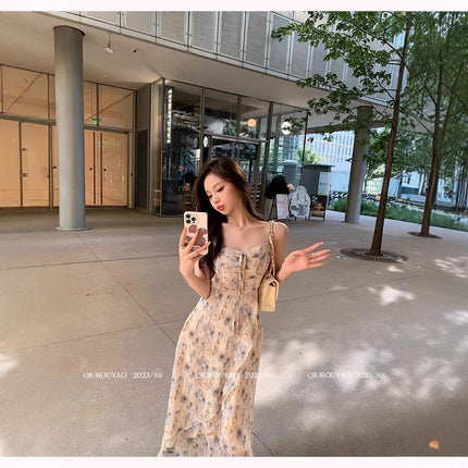 French Style Waisted Gentle Floral dress Women's Seaside Beach Vacation Fairy dress Elegant Pure Slip Dress