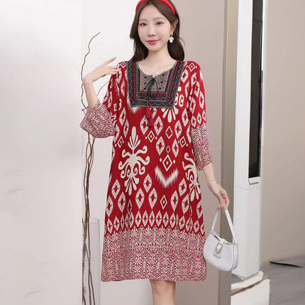 Extra Large Size Ethnic Style Round Neck Three-Quarter Sleeve Dress Loose Embroidered Flower Cotton Silk Travel Beach Skirt for Women