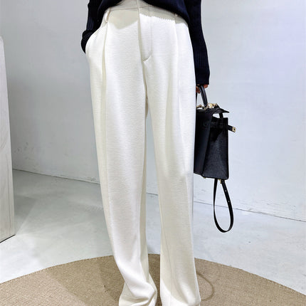Pet Fans: Autumn and Winter New Style Wool Acetate White Wide-Leg Pants for Women, Woolen Suit Pants, Soft and Waxy Extended Casual Pants