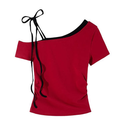 In-Stock Red Spicy Girl Off-Shoulder Short-Sleeve T-Shirt for Women, Summer Slim-Fit Design with Straps, Off-Shoulder Crop Top