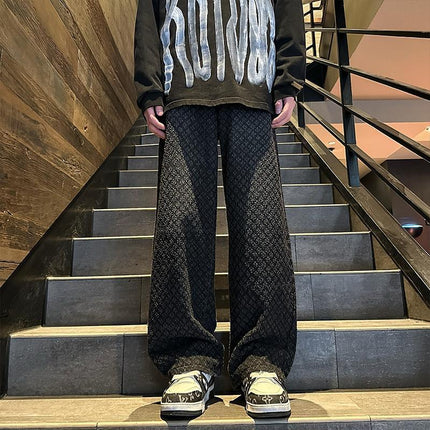 European and American High Street Hip-Hop Pants Trendy Brand Stylish Streetwear Men's Jacquard Full Print Jeans Flared Slim Straight Pants