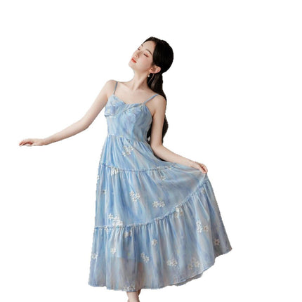 ycfs1638 summer new design sense holiday style blue embroidered skirt sunscreen cardigan two-piece set