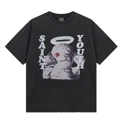 Saint Michael Cho Big Face European and American Retro Washed and Distressed Commemorative Portrait Short-Sleeved T-Shirt Trendy