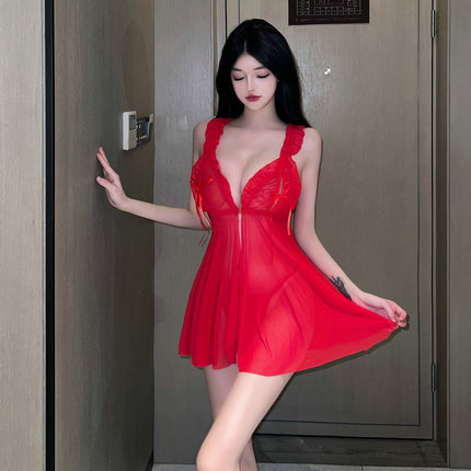 Sexy Pajamas Lace Thin Perspective Lingerie Temptation Pure Desire Open Chest Hot Mesh Home Clothes Pajamas