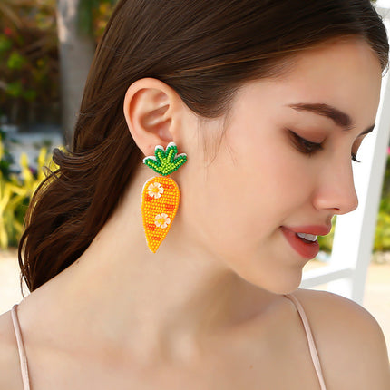 Easter Retro Style Creative Accessories Carrot Earrings High-End Green Leaf Rice Beads Sequin Hand-Woven Earrings