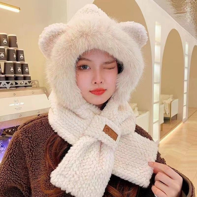 Autumn and Winter Hats for Women, Cute Plush Scarf, Thickened Integrated Neck Warmer, Plush Hat for Cycling, Warm Ear Protection Hat