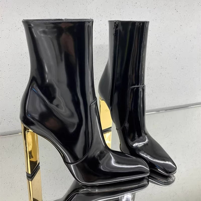 Nazha's Same Style Patent Leather High-Heeled Short Boots for Women 2025 New Autumn and Winter Side Zipper Square Toe Chunky Heel Black Fleece Boots