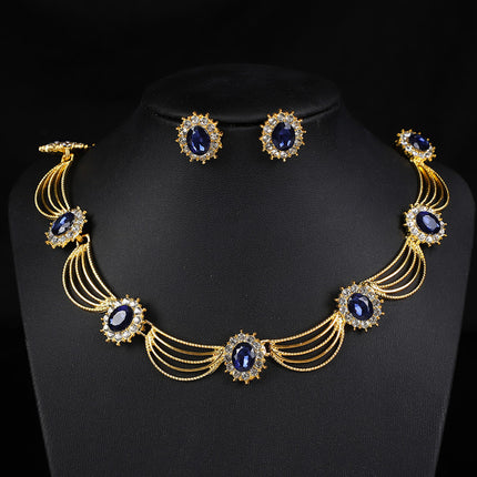 Cross-Border Gemstone Necklace, Artistic Retro Medieval Court Jewelry, Fan-Shaped Aesthetic Internet Celebrity Style Necklace and Earrings Set