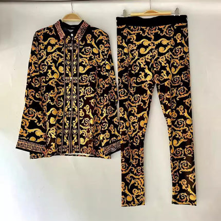 V home cross-border foreign trade acetate plaid printed loose shirt two-piece high waist stretch leggings fashion suit