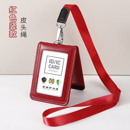 Work Card Case Detached Double Card Position Genuine Leather Folding Card Case Chest Card Lanyard Access Control Card Student School Card Rice