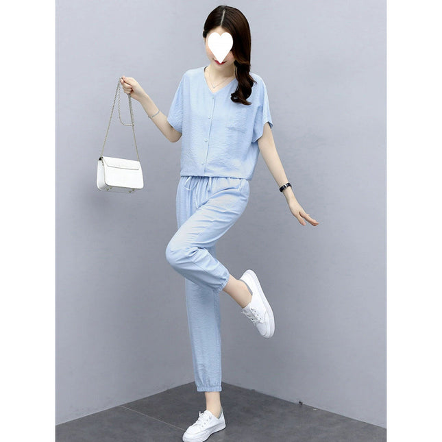 Sports Suit for Women Summer 2025 New Style Casual Fashion Fashionable Age-Reducing Lady Cotton and Linen Two-Piece Set