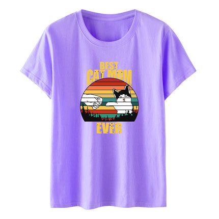 Amazon Summer Best Cat Mom even Mother's Day Fist Cat Letter Printed Casual Short-sleeved T-shirt Women
