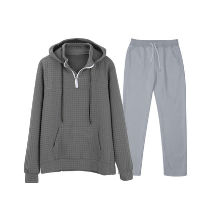 European and American Cross-Border Long-Sleeved Waffle Top Aliexpress Solid Color Drawstring Pocket Hoodie Sweatshirt and Sweatpants Set