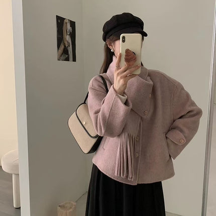 2024 New Tassel Scarf Collar Removable Two-Wearing Double-Sided Wool Coat Small Loose Wool Jacket