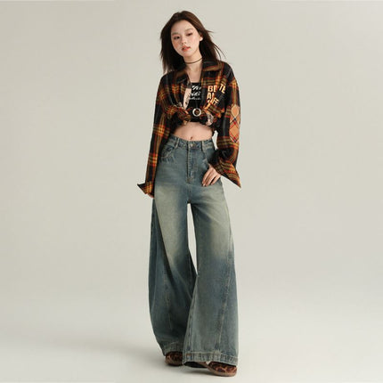 Amazon European and American Style Cross-Border American Retro Washed Distressed Denim Scimitar Pants for Women Loose Wide-Leg Casual Pants