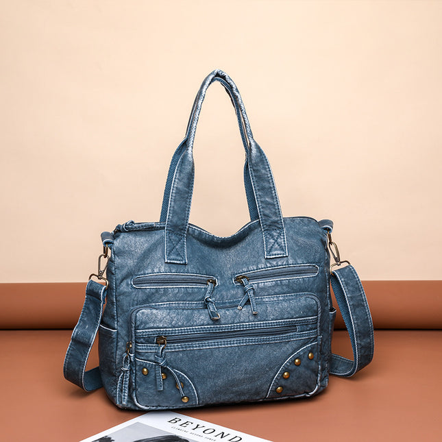 Wholesale vintage denim blue large capacity shoulder handbag trendy versatile pu messenger bag women's casual shoulder bag
