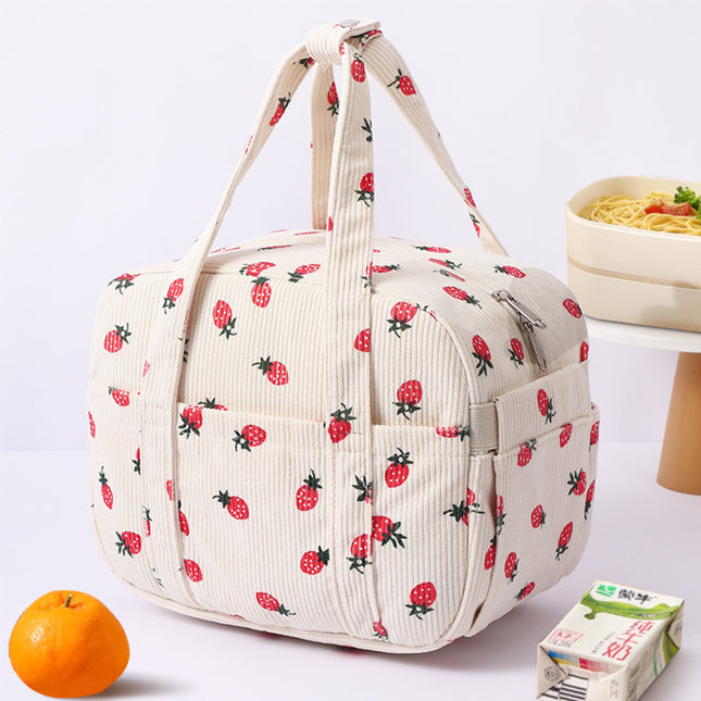 New Corduroy Strawberry Cutlery Bag Office Worker Outdoor Insulated Bag Lunch Box Handbag Portable Lunch Bag