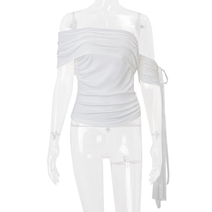 French-Style Romantic Cross-Border Popular Women's Solid Color Off-Shoulder Tie Strap Sweet and Sexy Date Short Top