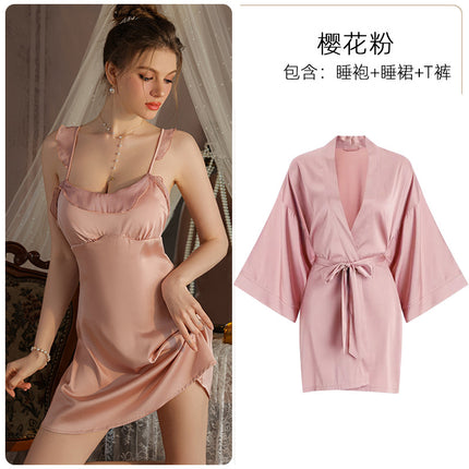 Meishilan Sexy Pajamas for Women Ice Silk Women's Spring & Fall Suspender Pajamas with Breast Pads Nightgown 260 Suit with Bath