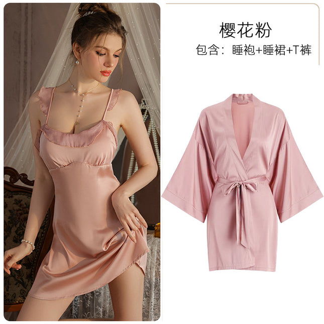 Meishilan Sexy Pajamas for Women Ice Silk Women's Spring & Fall Suspender Pajamas with Breast Pads Nightgown 260 Suit with Bath