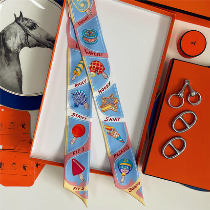 Summer New Decorative Ice Cream Women's Versatile Decorative Twill Silk Ribbon Wrapped Around the Bag Silk Scarf Small Scarf